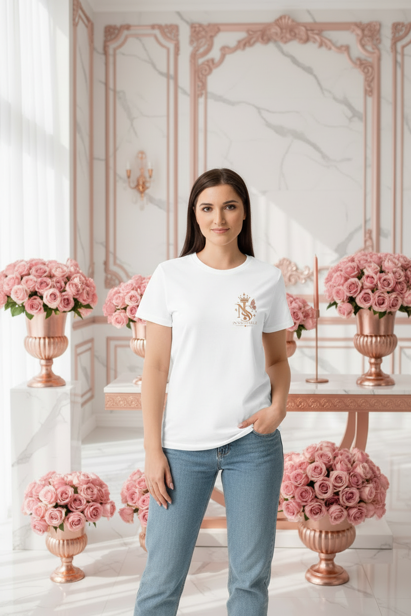 T-shirt blanc devant – ambiance luxe marbre